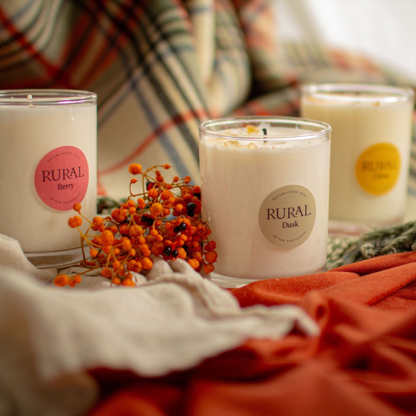 Group of three candles in clear glass with colorful round labels, indicating RURAL scented candles in Berry, Dusk and Citrus fragrances. The candles are on an orange and black tartan blanket with orange berries alongside, creating a warm and inviting space.