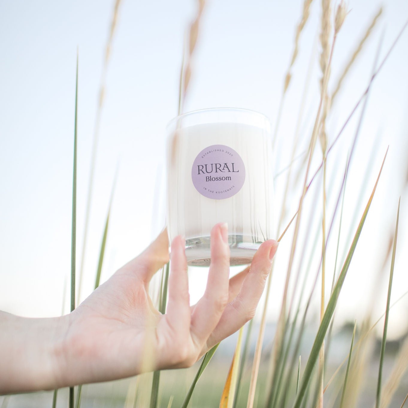 Photo of a girl's hand holding a white candle in a clear glass container with a light purple round RURAL Candles label on it, indicating the scent is called Blossom. The scenery indicates the long wild grasses on a beach on a cool, white day.