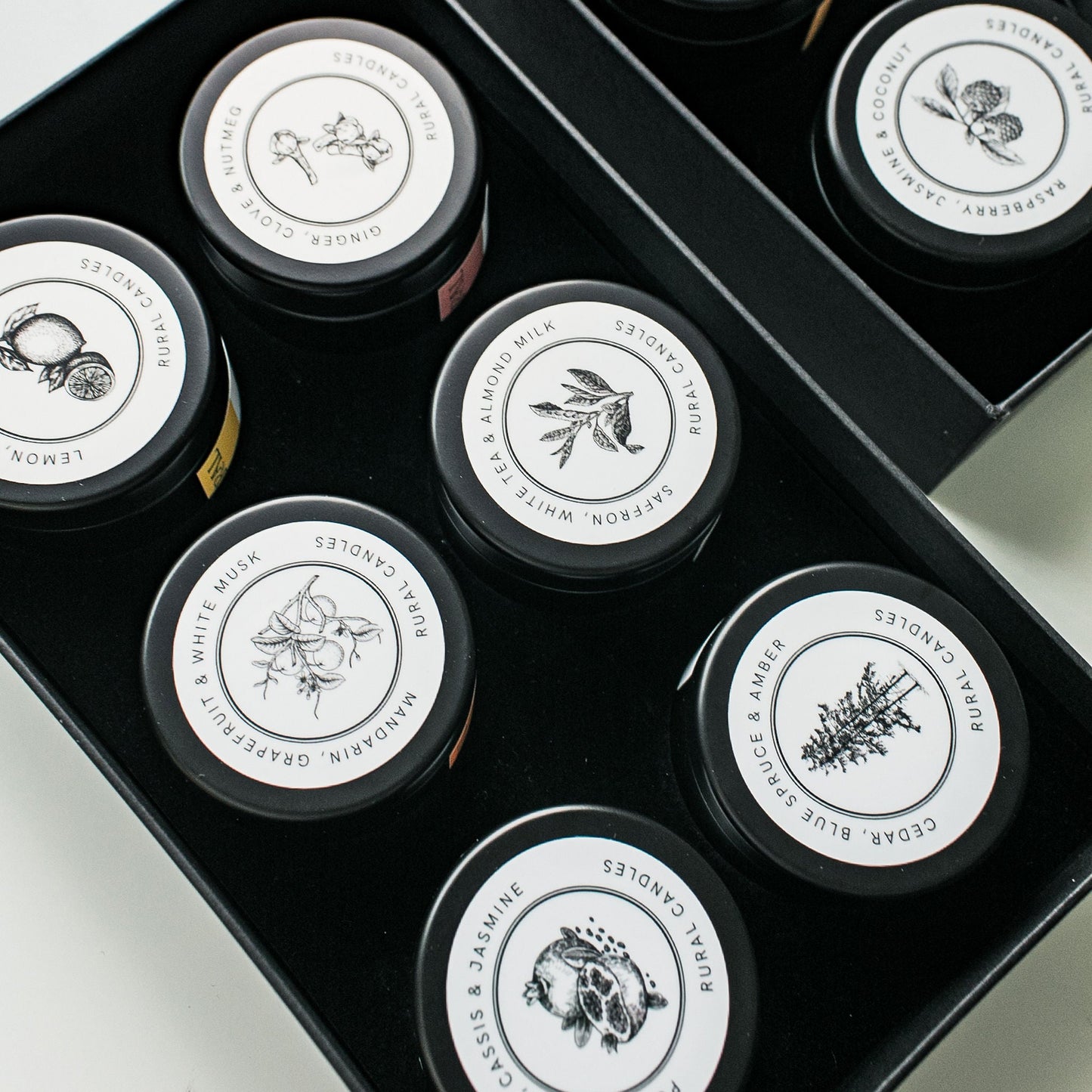 Set of small containers with black lids and white labels arranged in a box on a light background