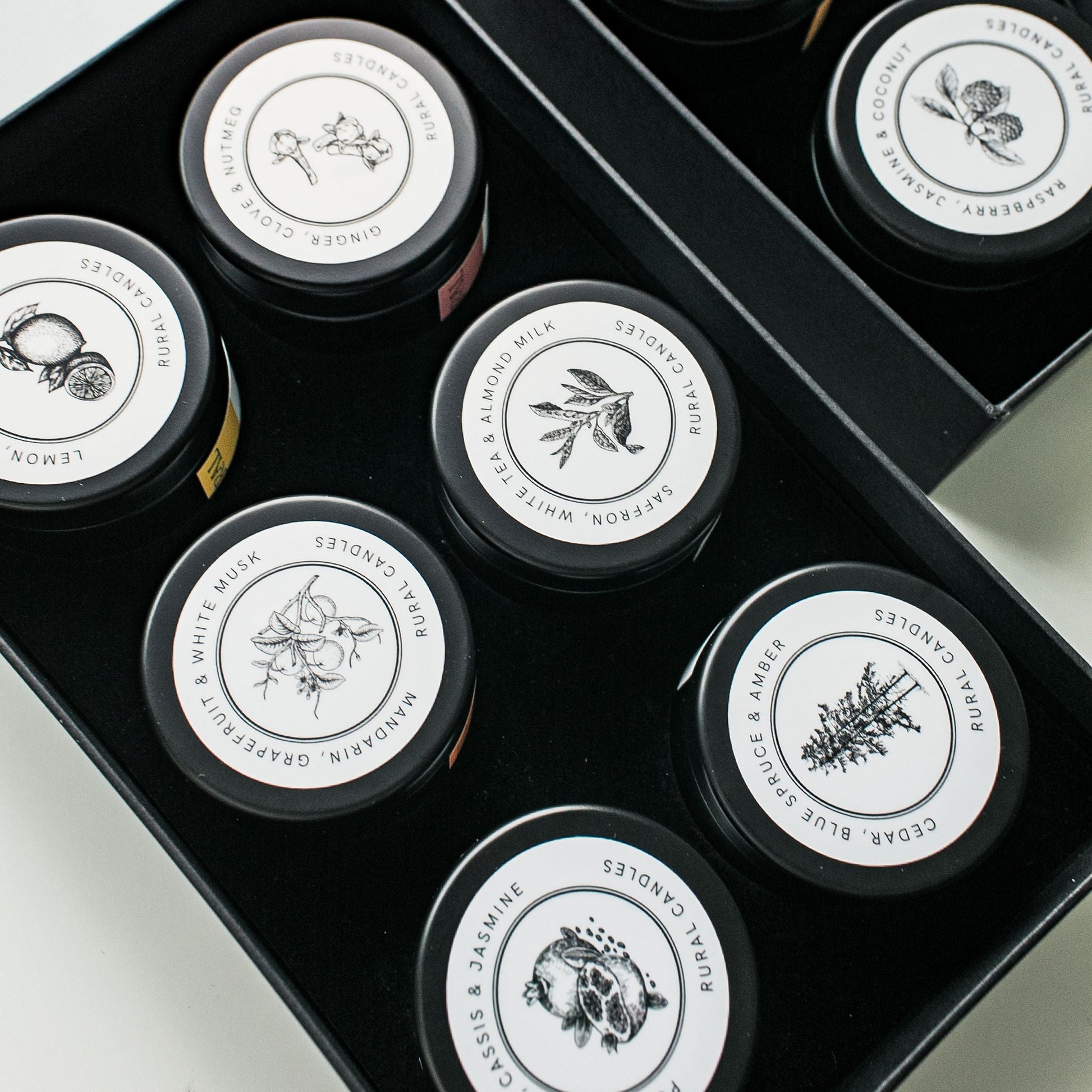 Set of small containers with black lids and white labels arranged in a box on a light background