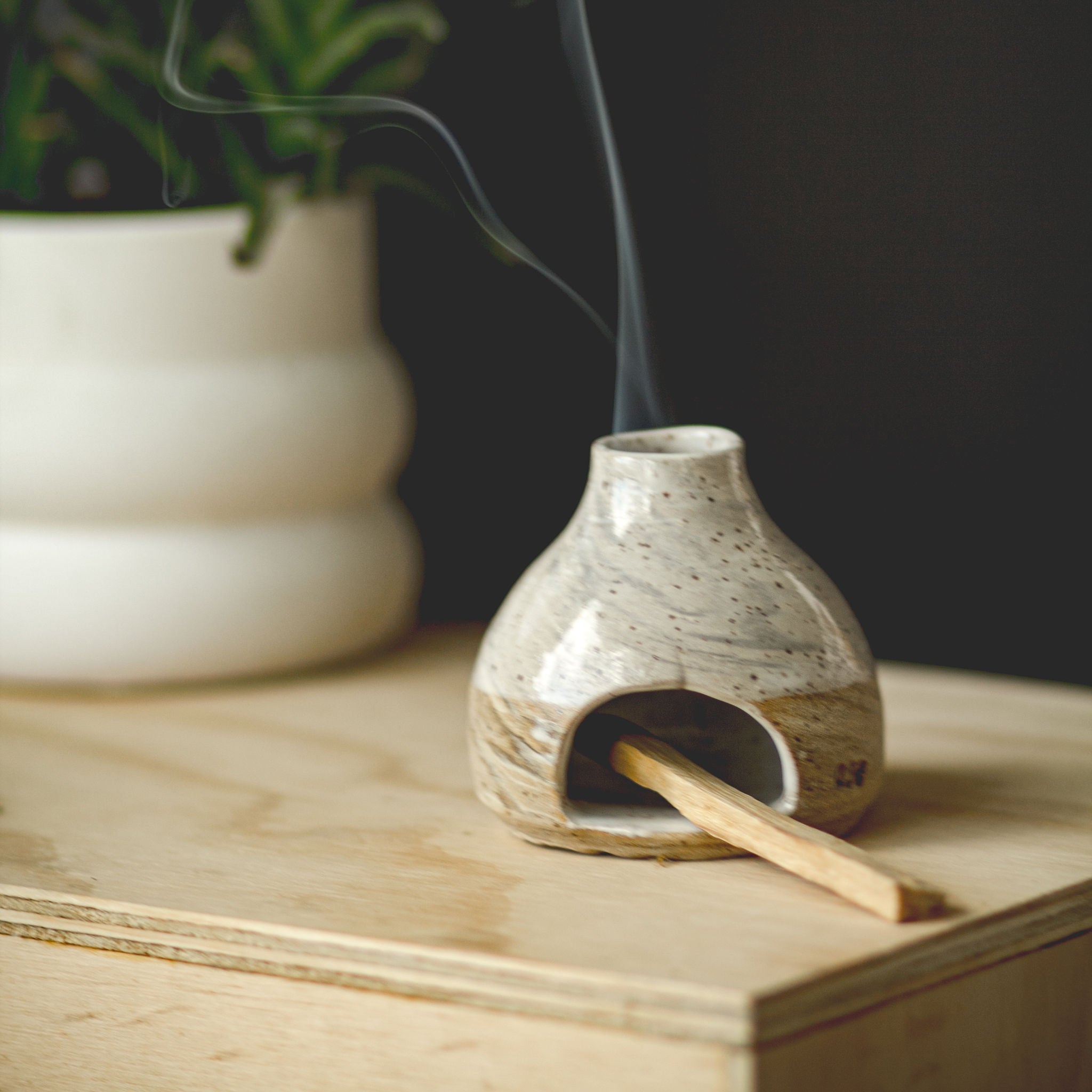 Ceramic incense burner with smoke on a wooden surface next to a plant